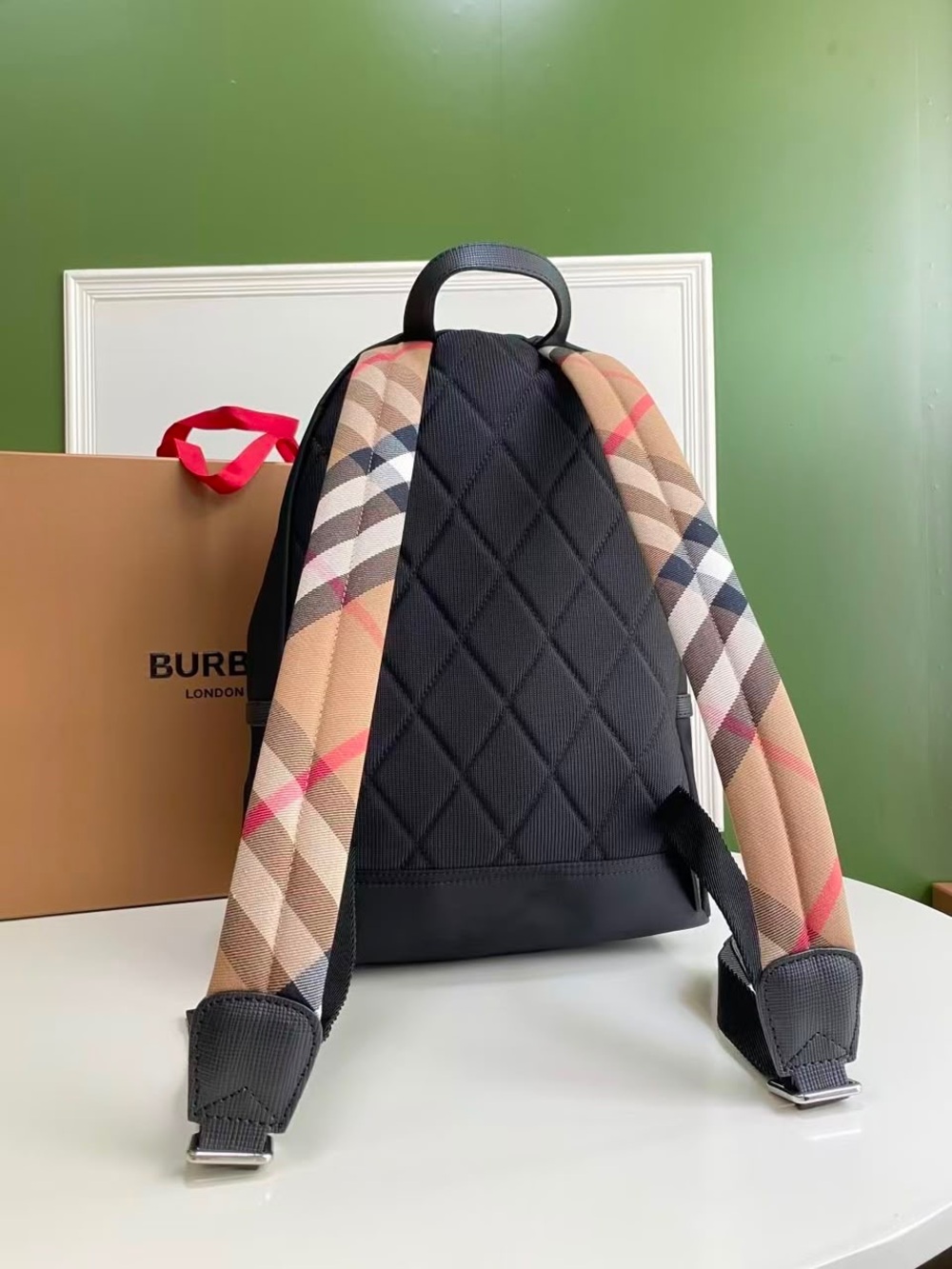 Burberry Black Backpack with Classic Beige Check Straps